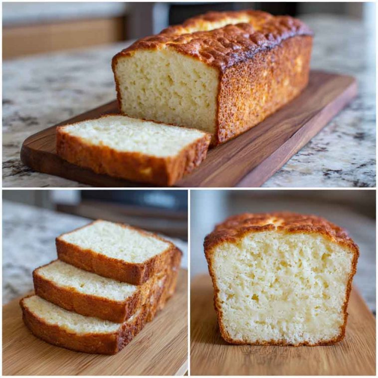 Sliced zero carb yogurt bread on a wooden board, surrounded by fresh herbs and a bowl of Greek yogurt.