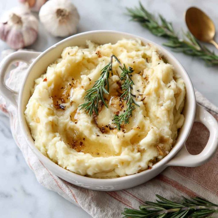 A bowl of creamy mashed potatoes infused with roasted garlic and fresh rosemary, topped with melted butter and garnished with herbs.