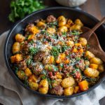 A sheet pan filled with golden roasted butternut squash, crispy gnocchi, and browned sausage slices, garnished with fresh herbs.