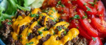 A deconstructed cheeseburger bowl with seasoned ground beef, shredded lettuce, cherry tomatoes, pickles, cheddar cheese, and a drizzle of burger sauce.