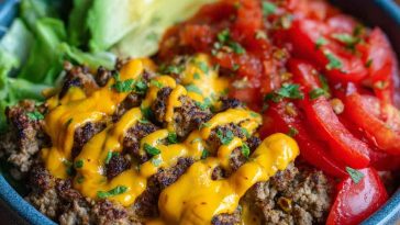 A deconstructed cheeseburger bowl with seasoned ground beef, shredded lettuce, cherry tomatoes, pickles, cheddar cheese, and a drizzle of burger sauce.