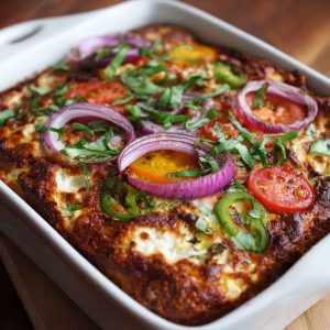 Pizza-style cottage cheese bake topped with melted cheese, pepperoni, and herbs in a casserole dish.