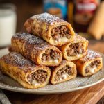 Golden sausage French toast roll-ups dusted with cinnamon sugar, served with maple syrup and fresh berries on the side.