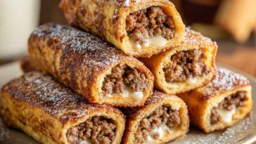 Golden sausage French toast roll-ups dusted with cinnamon sugar, served with maple syrup and fresh berries on the side.