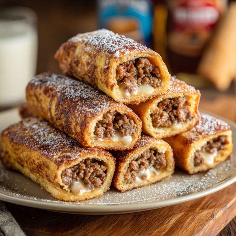 Golden sausage French toast roll-ups dusted with cinnamon sugar, served with maple syrup and fresh berries on the side.