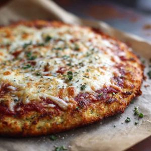 Golden, crispy cottage cheese pizza crust topped with tomato sauce, mozzarella, and fresh basil on parchment paper.