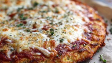 Golden, crispy cottage cheese pizza crust topped with tomato sauce, mozzarella, and fresh basil on parchment paper.