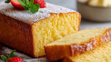 Golden French butter cake sliced and served on a plate with powdered sugar and berries.