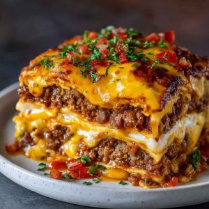 Layered casserole of cheesy ground beef, pasta sheets, and burger-inspired toppings baked to golden perfection.