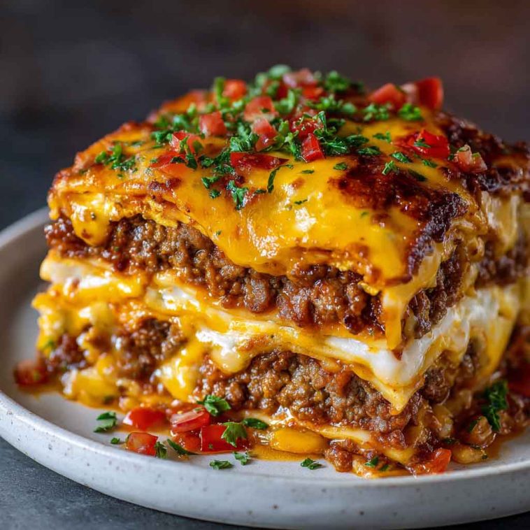 Layered casserole of cheesy ground beef, pasta sheets, and burger-inspired toppings baked to golden perfection.