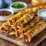 Golden cheesy taco sticks filled with beef and melted cheese, served with salsa and sour cream.
