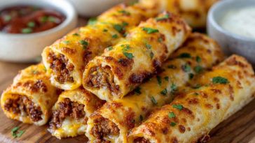 Golden cheesy taco sticks filled with beef and melted cheese, served with salsa and sour cream.