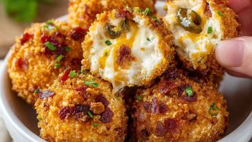 Crispy bacon jalapeño popper cheese balls served on a platter with dipping sauce, garnished with chopped herbs and jalapeño slices.