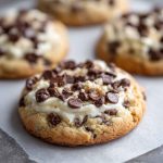Soft chocolate chip cheesecake cookies stacked on a plate, with creamy centers and golden edges, surrounded by chocolate chips and a swirl of cheesecake filling.