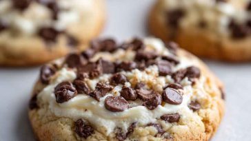 Soft chocolate chip cheesecake cookies stacked on a plate, with creamy centers and golden edges, surrounded by chocolate chips and a swirl of cheesecake filling.