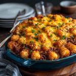 Golden tater tots layered over hearty chili and melted cheese, baked in a casserole dish and garnished with green onions.