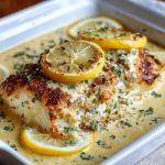 Flaky baked cod fillets drizzled with creamy coconut lemon sauce, garnished with fresh herbs and served with rice and lemon wedges.