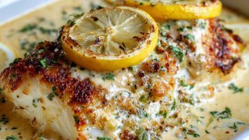 Flaky baked cod fillets drizzled with creamy coconut lemon sauce, garnished with fresh herbs and served with rice and lemon wedges.