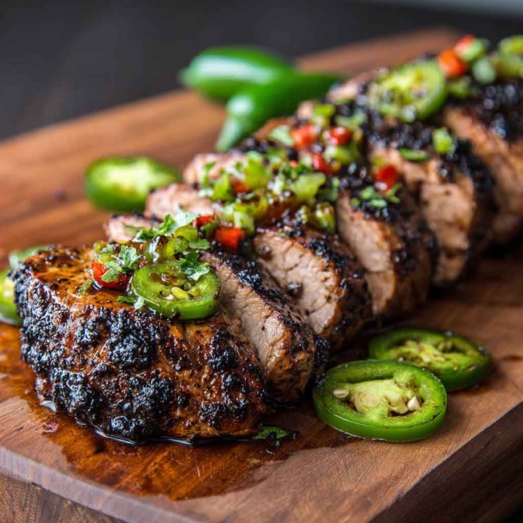 Sliced pork tenderloin glazed with a glossy jalapeño-honey sauce, garnished with fresh herbs and served with roasted vegetables.