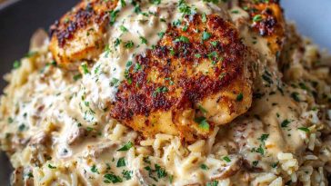 Creamy smothered chicken served over fluffy rice, garnished with fresh parsley in a cozy dinner setting.