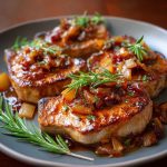 Apple butter-glazed pork chops in a skillet, garnished with fresh herbs and served with roasted vegetables.