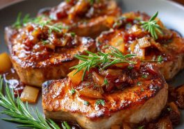 Apple butter-glazed pork chops in a skillet, garnished with fresh herbs and served with roasted vegetables.