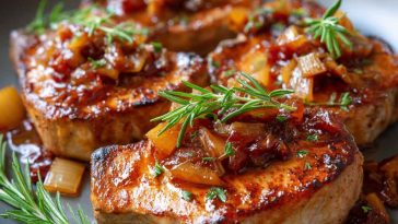 Apple butter-glazed pork chops in a skillet, garnished with fresh herbs and served with roasted vegetables.