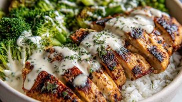 A bowl filled with grilled chicken slices, steamed broccoli, and rice, drizzled with creamy garlic sauce and garnished with parsley and lemon wedges.