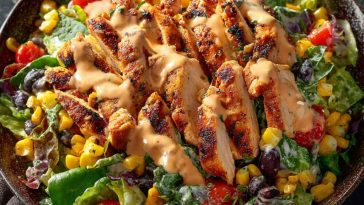 A colorful bowl of Southwest chicken salad with grilled chicken, black beans, corn, avocado, cherry tomatoes, and a creamy chipotle dressing.