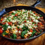 Ground beef and spinach skillet topped with crumbled feta and fresh herbs in a cast iron pan.