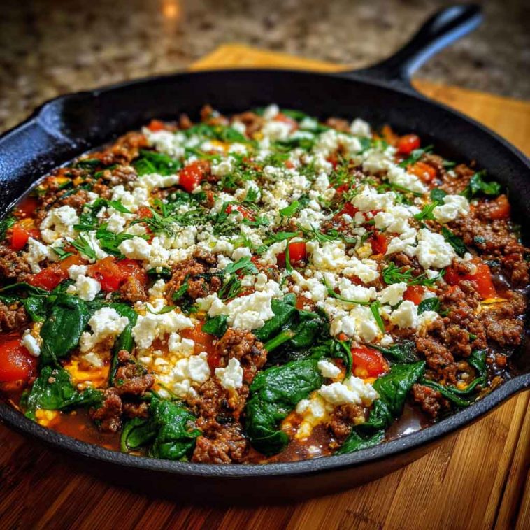 Ground beef and spinach skillet topped with crumbled feta and fresh herbs in a cast iron pan.