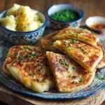 Golden-browned potato farls served on a breakfast plate with butter, eggs, and grilled tomatoes.