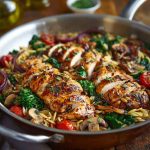 A skillet filled with balsamic-glazed chicken, tender orzo pasta, and colorful vegetables like cherry tomatoes and spinach.