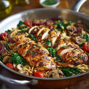 A skillet filled with balsamic-glazed chicken, tender orzo pasta, and colorful vegetables like cherry tomatoes and spinach.
