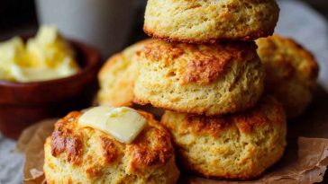 Golden keto biscuits stacked on a plate with melted butter and fresh herbs.