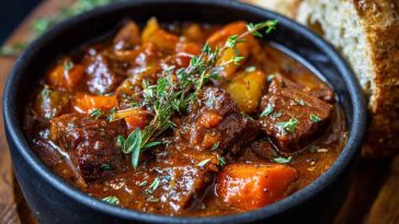 A bubbling pot of Witch’s Cauldron Beef Stew with tender chunks of beef, root vegetables, and herbs simmering in a rich, dark broth.