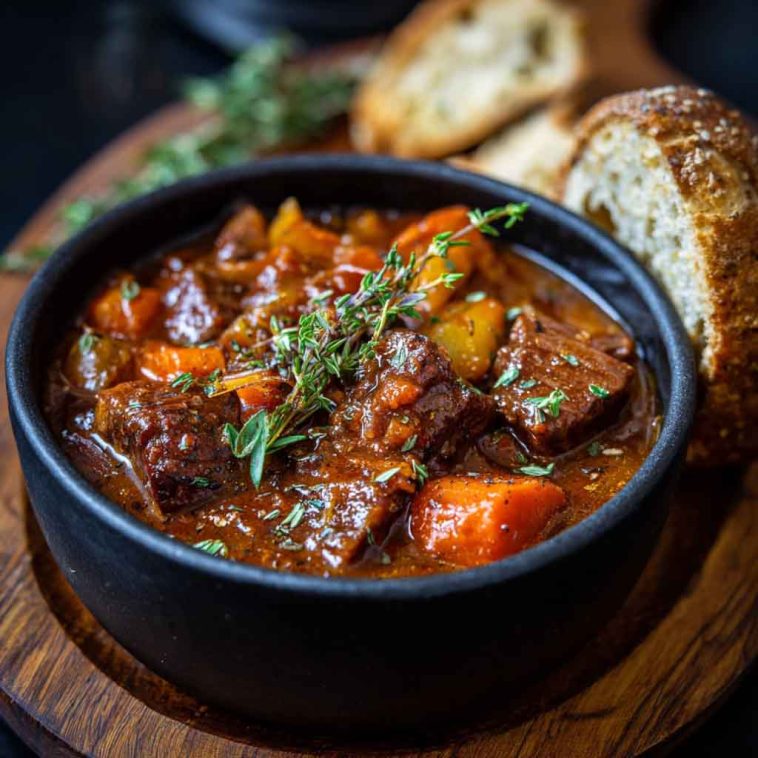 A bubbling pot of Witch’s Cauldron Beef Stew with tender chunks of beef, root vegetables, and herbs simmering in a rich, dark broth.