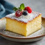 A slice of vanilla magic custard cake showing its three distinct layers—fluffy sponge, creamy custard, and dense base—garnished with powdered sugar.