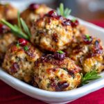 Golden-brown cranberry turkey stuffing balls on a serving platter, garnished with fresh herbs and a side of cranberry sauce.