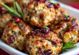 Golden-brown cranberry turkey stuffing balls on a serving platter, garnished with fresh herbs and a side of cranberry sauce.