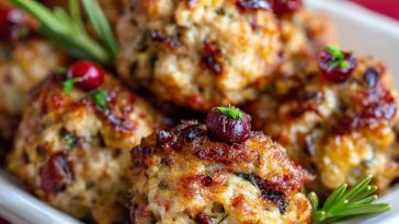 Golden-brown cranberry turkey stuffing balls on a serving platter, garnished with fresh herbs and a side of cranberry sauce.