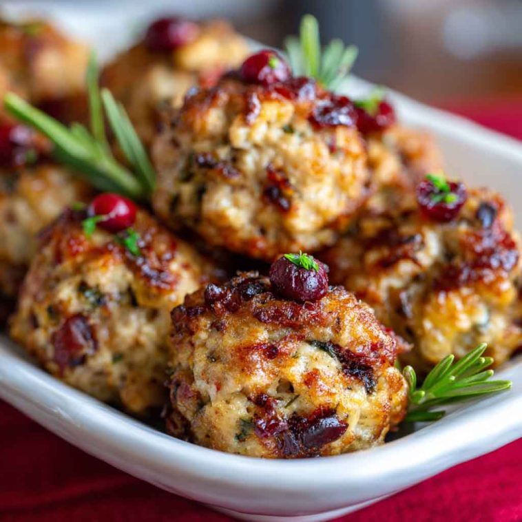 Golden-brown cranberry turkey stuffing balls on a serving platter, garnished with fresh herbs and a side of cranberry sauce.