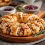 Golden crescent ring filled with savory turkey, cranberry sauce, and melted cheese, garnished with fresh herbs on a festive platter.