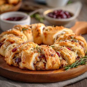 Golden crescent ring filled with savory turkey, cranberry sauce, and melted cheese, garnished with fresh herbs on a festive platter.