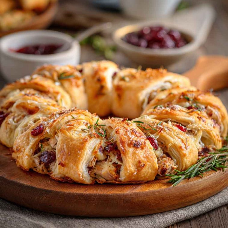 Golden crescent ring filled with savory turkey, cranberry sauce, and melted cheese, garnished with fresh herbs on a festive platter.