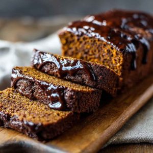 Sliced chocolate pumpkin bread with dark chocolate chips and a golden, spiced crumb on a rustic board.