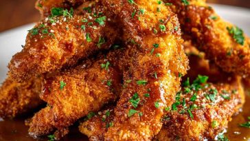 Golden brown sugar chicken tenders glazed with a sticky sweet sauce, served on a plate with fresh herbs and dipping sauce.