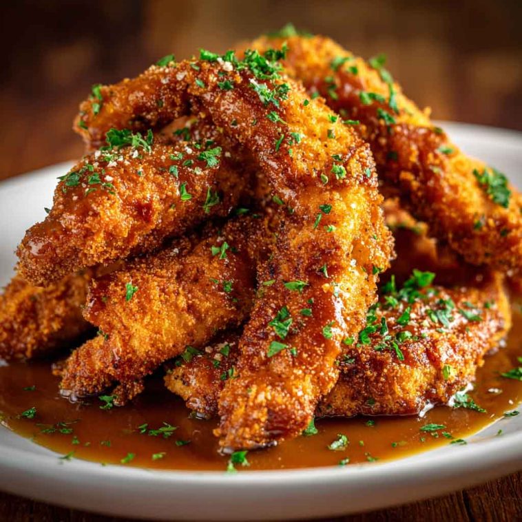 Golden brown sugar chicken tenders glazed with a sticky sweet sauce, served on a plate with fresh herbs and dipping sauce.