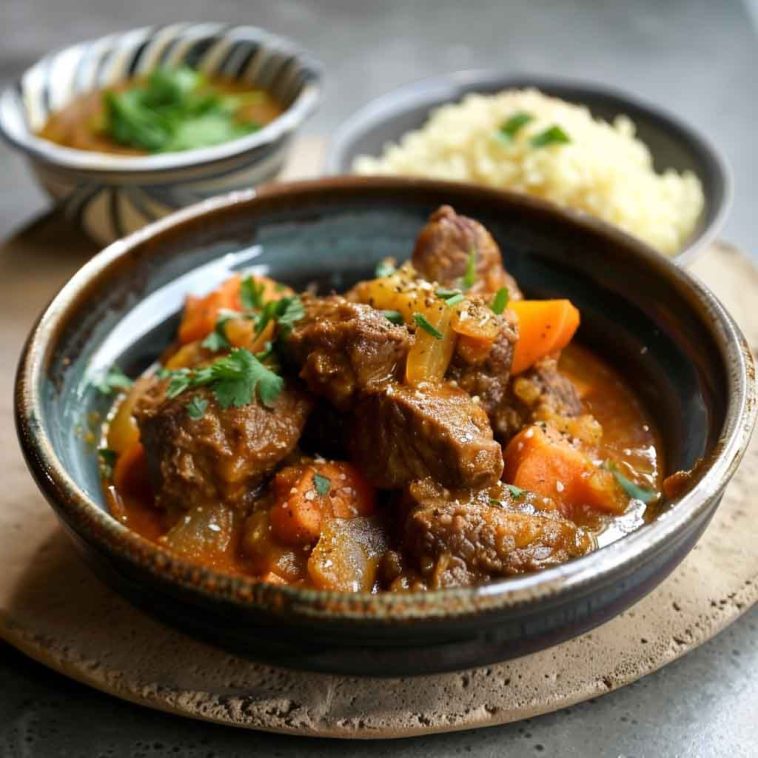 Slow-cooked Moroccan lamb tagine served in a traditional clay dish, garnished with dried apricots, almonds, and fresh herbs.