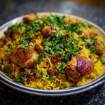 Fragrant Persian-style chicken pilaf with golden basmati rice, tender chicken pieces, saffron threads, and garnished with barberries and fresh herbs.